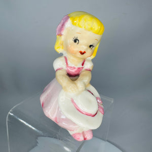 Vintage Girl Shelf Sitter Figurine Blonde Pink Dress White Hat | 1950s 60s Japan Style Porcelain | Norcrest Napco Style