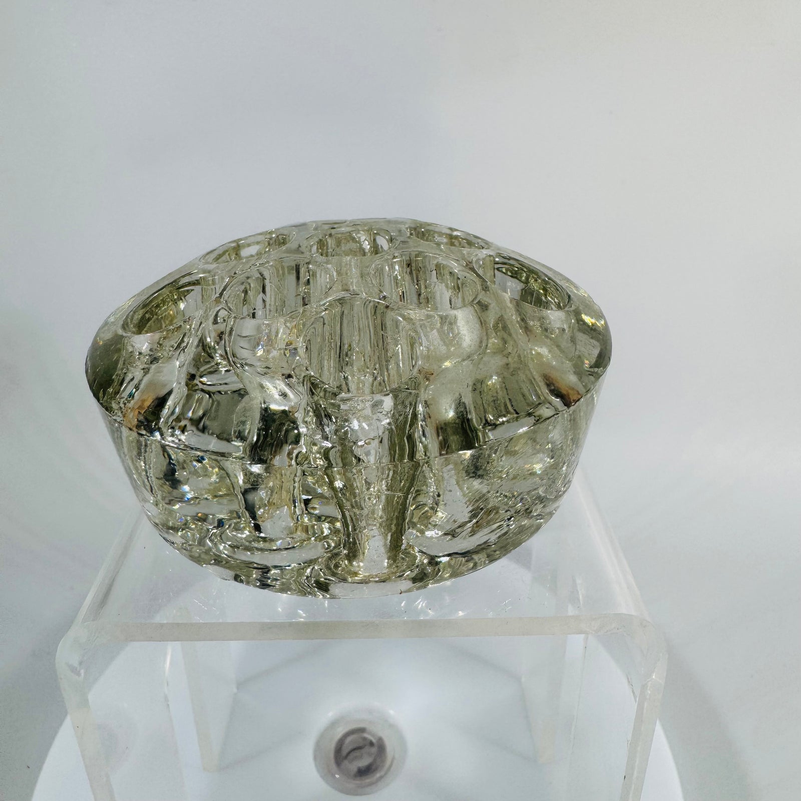 Vintage Clear Glass Flower Frog 11 Hole Round Stem Holder 4” Pressed Glass Floral Arranging Tool 1950s 1960s Vase Insert