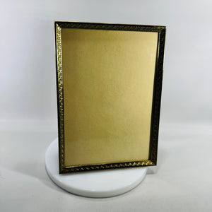 Vintage Gold Tone Metal Photo Frame 5x7, Ornate Embossed Border, Glass Front, Easel Back Tabletop Frame, Classic Brass Look