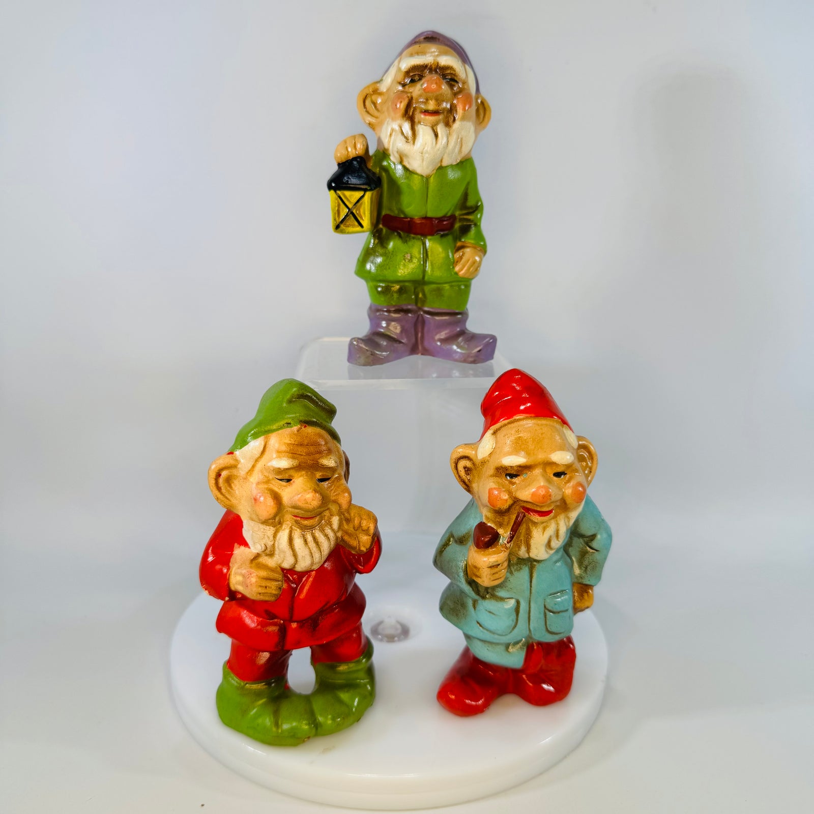 Vintage Japan Elf Gnome Figurines Set of 3, Chalkware Christmas Ornaments, 1950s 1960s Shelf Sitters, Cottagecore Fairy Garden Decor