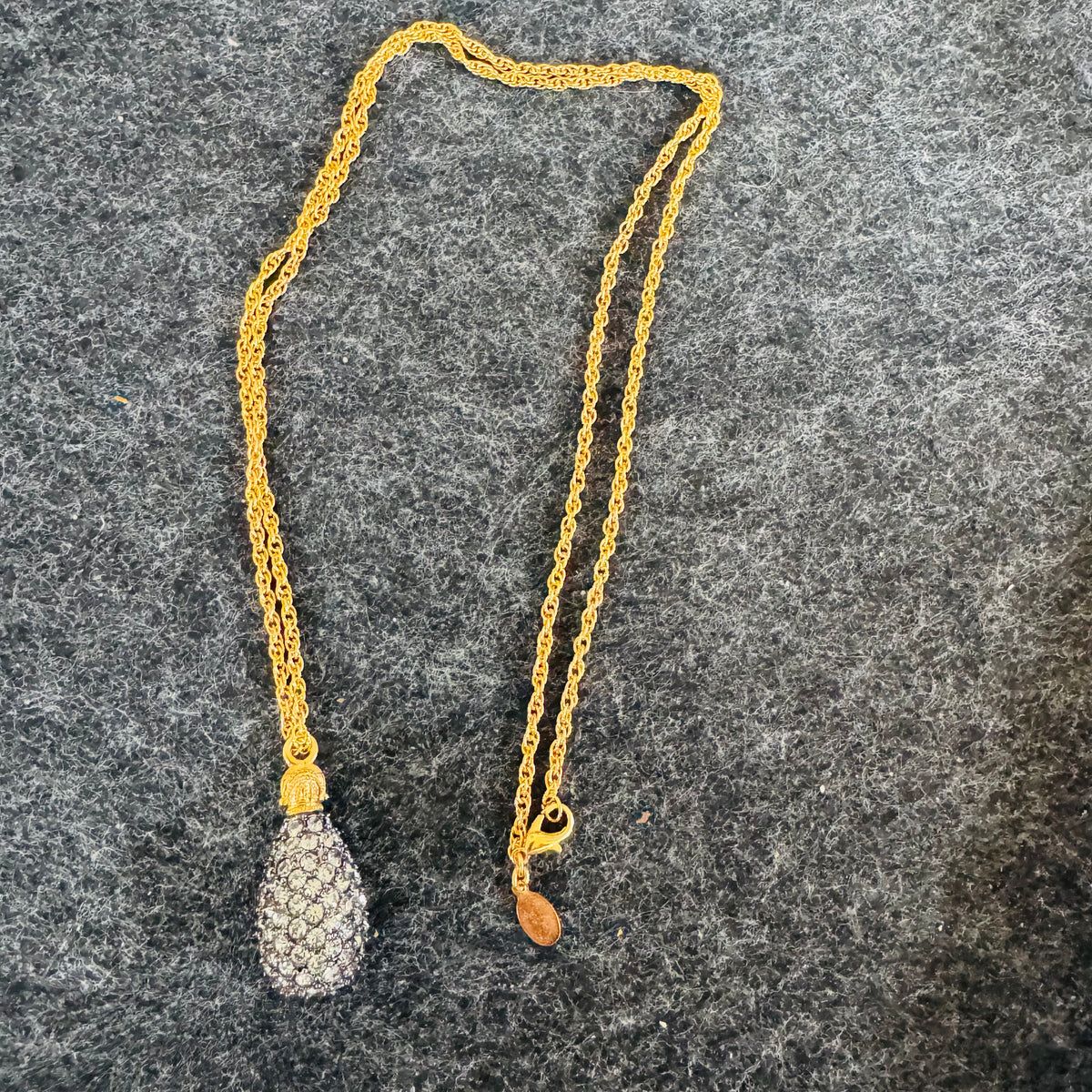 Vintage Joan Rivers Caviar Egg Necklace Black Swarovski Crystal Pavé Pendant 28” Gold Tone Rope Chain Signed Tag