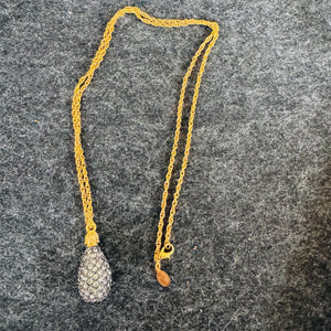Vintage Joan Rivers Caviar Egg Necklace Black Swarovski Crystal Pavé Pendant 28” Gold Tone Rope Chain Signed Tag