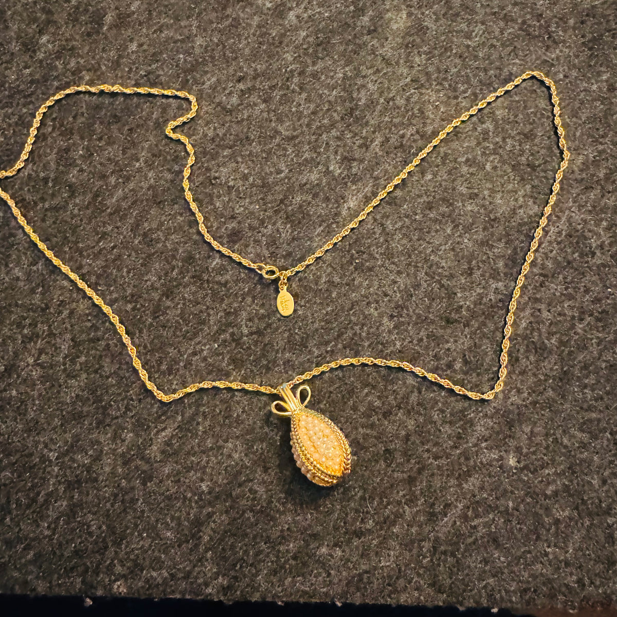 Vintage Joan Rivers Faux Pearl Egg Pendant Necklace – Gold Tone Faberge Inspired, Signed Hangtag (27”)