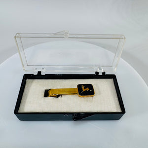 Vintage John Deere Tie Clip, Gold Tone Black Enamel Deere Logo, Mid Century Advertising Tie Bar, Leavens Attleboro Mass