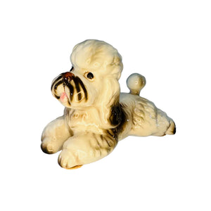 Vintage Lefton Poodle Ceramic Dog Figurine White Curly Coat Black Accents Korea 04714 4x3x2 Mid Century Decor