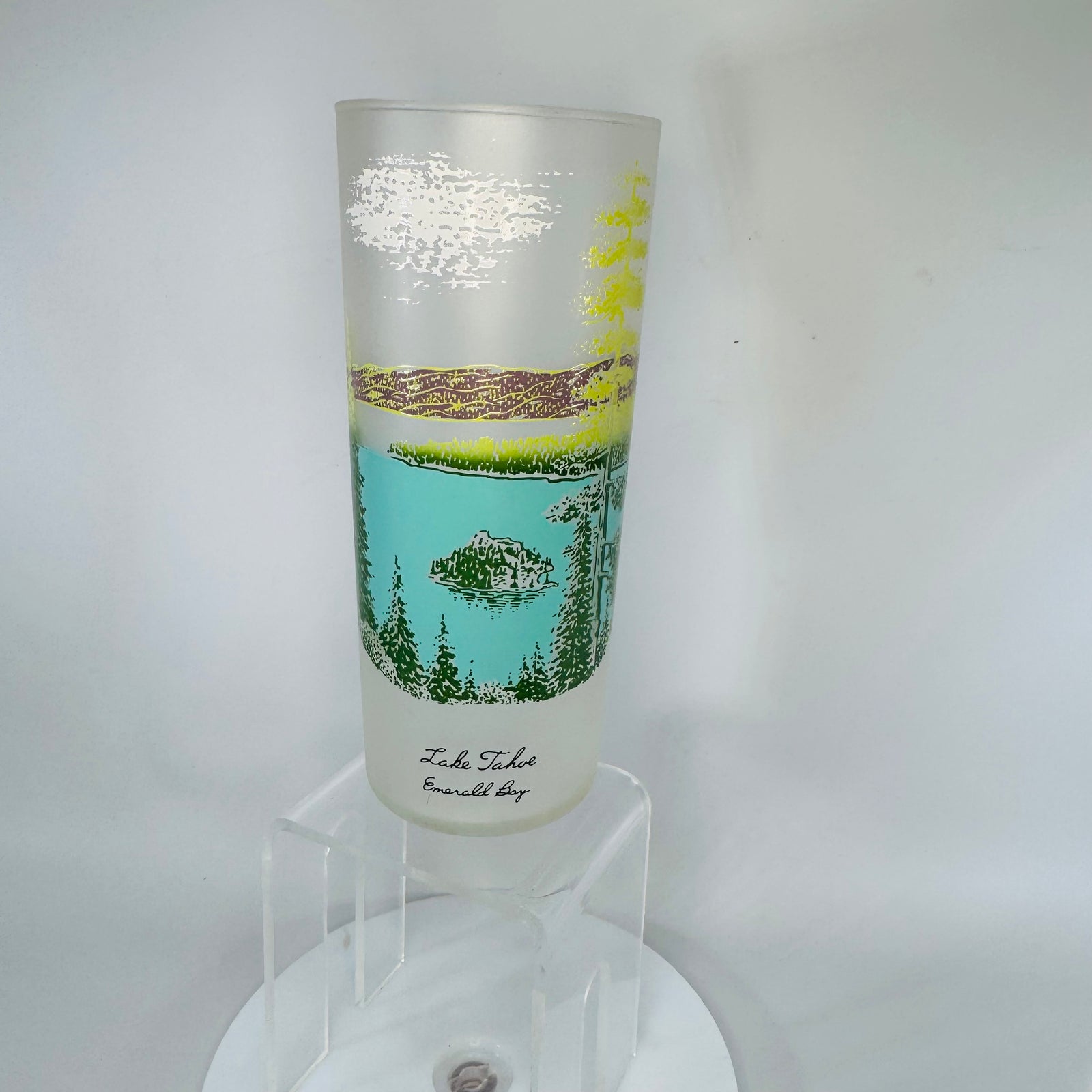 Vintage Libbey Lake Tahoe Emerald Bay Frosted Glass Tumbler 1970s, California Souvenir Barware, 6.5” Tall Scenic Print