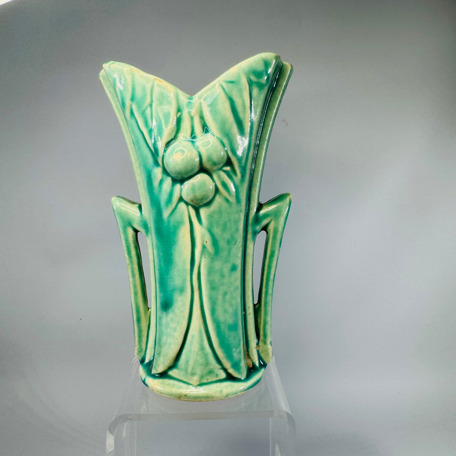 Vintage Turquoise Leaf & Berry Pottery Vase (Unmarked  McCoy  style) – 6"