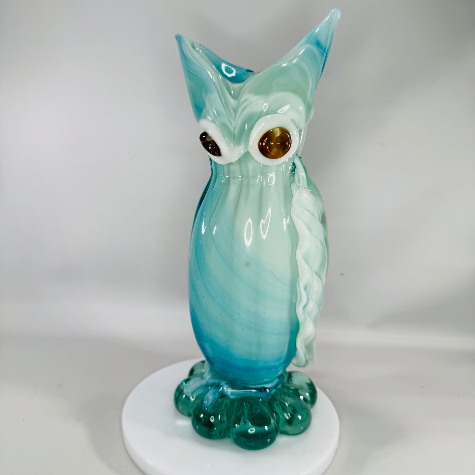 Murano-Style Hand-Blown Art Glass Owl Vase (Blue & White Swirl) – 10”