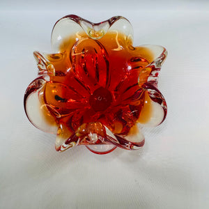 Vintage Murano Glass Floral Centerpiece Bowl, Red Amber Hand-Blown, Mid-Century Modern