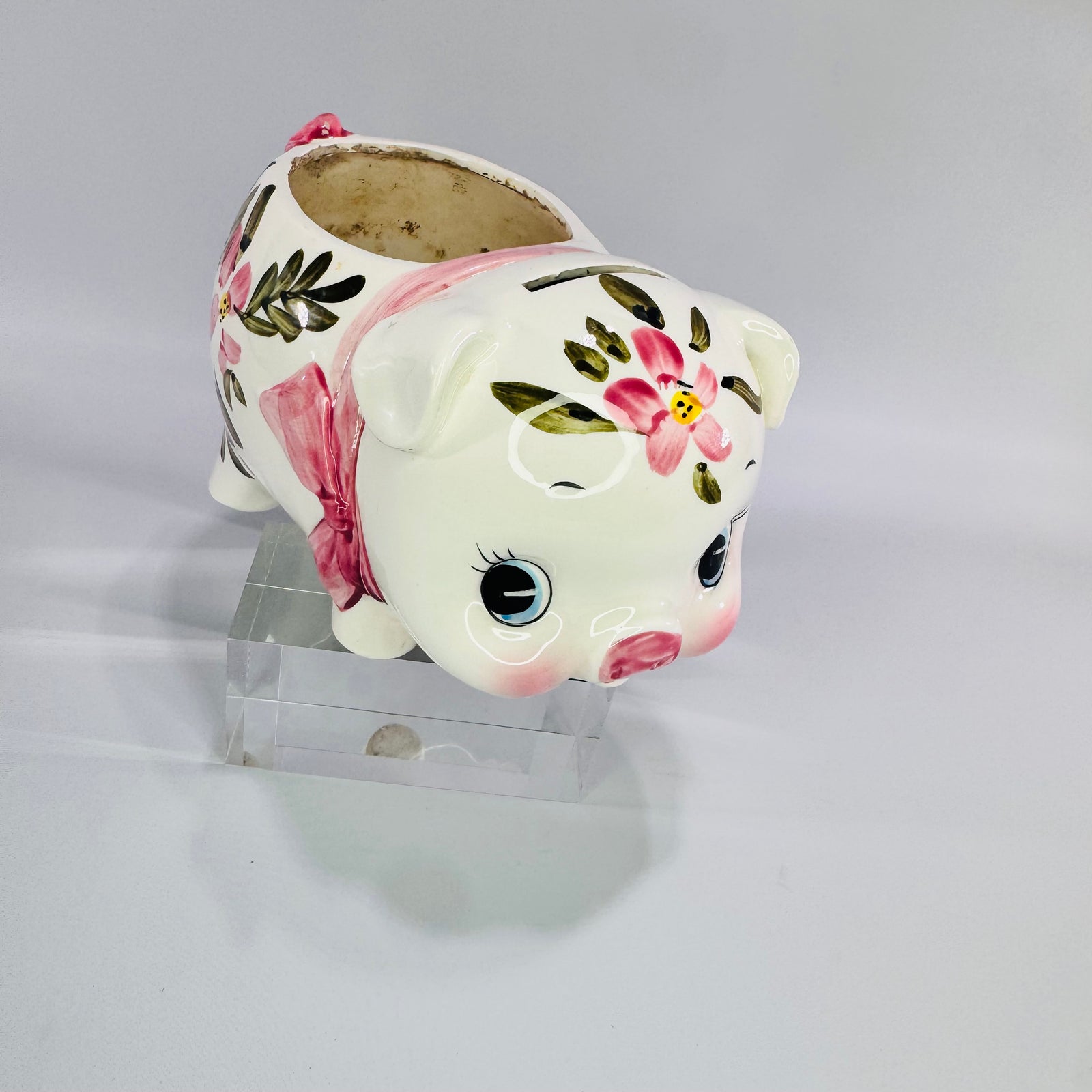 Vintage Relpo Piggy Bank Planter 1965 Samson Import Pink Floral Ceramic Pig