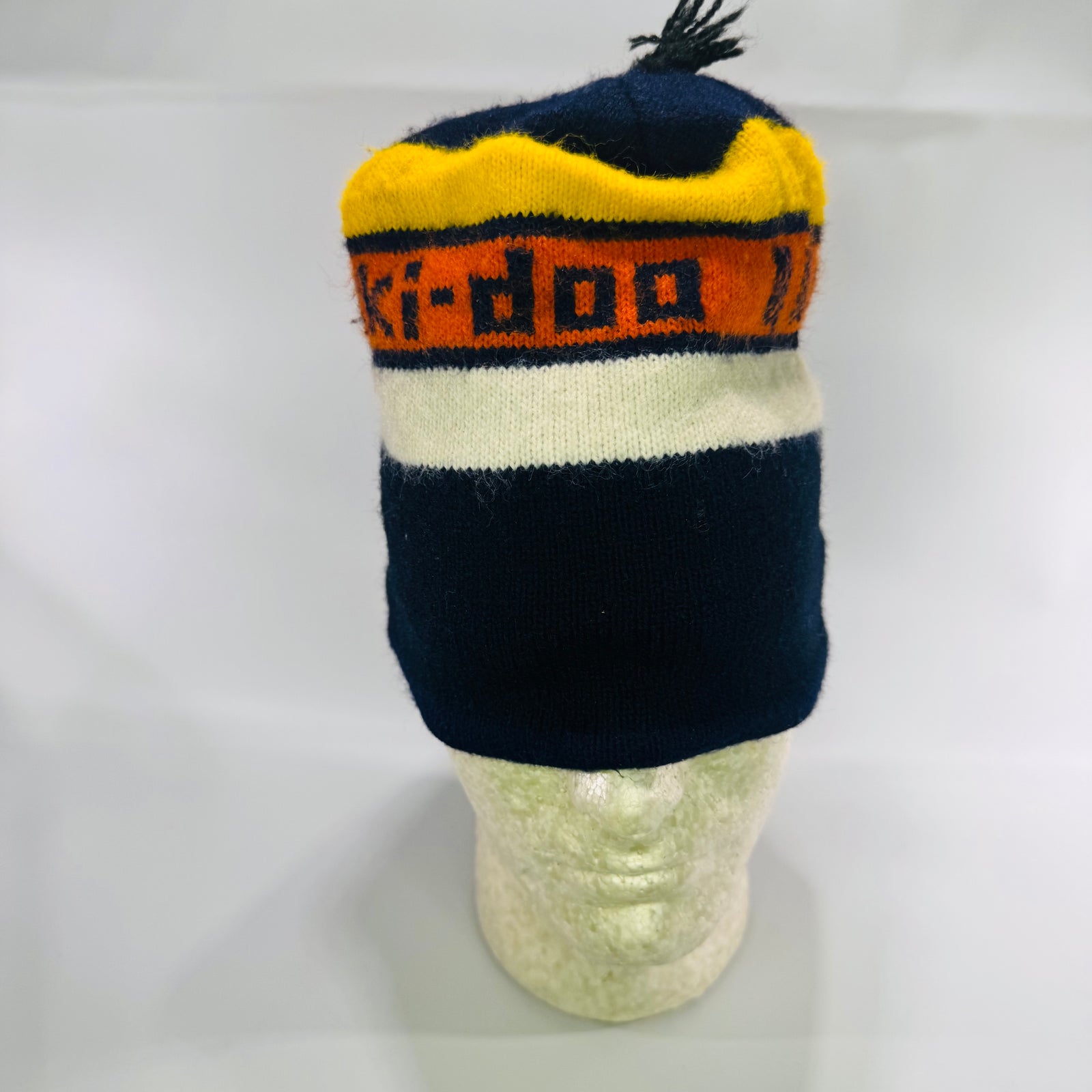 Vintage Ski-Doo Knit Beanie 1970s Snowmobile Winter Hat Navy Yellow Orange Toque