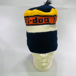 Vintage Ski-Doo Knit Beanie 1970s Snowmobile Winter Hat Navy Yellow Orange Toque
