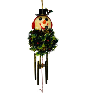 Vintage Snowman Holly Ball Wind Chime | Kitsch Christmas Hanging Decor | Top Hat Earmuffs Pipe | Brass Tone Chimes | 19” Long