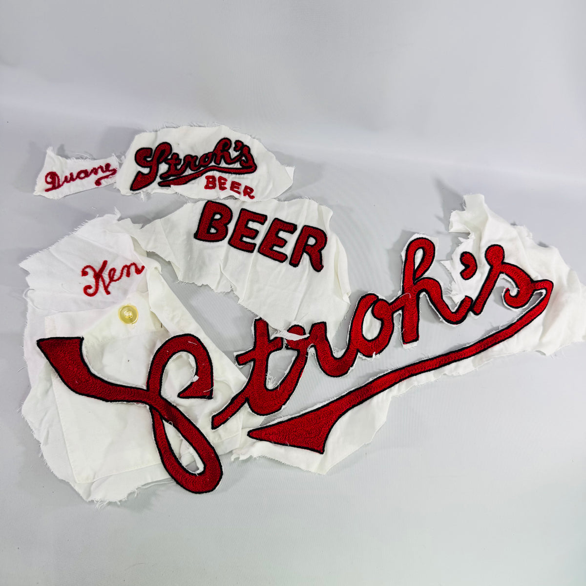 Vintage 1980s Stroh's Beer Delivery Driver Uniform Embroidery Salvage Lot Ken Duane Breweriana Patches