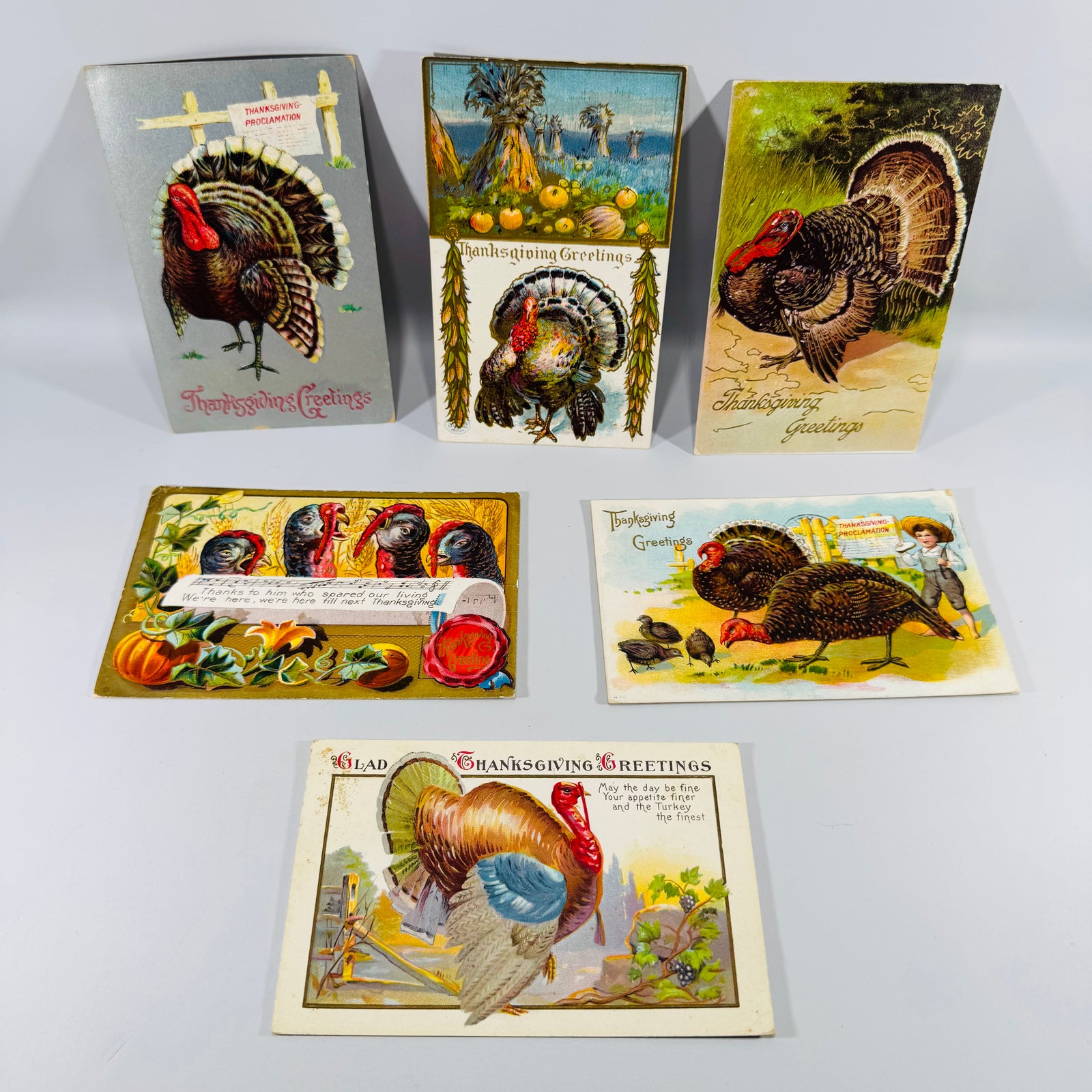 Vintage Thanksgiving Postcards Lot of 6 | Antique Edwardian Turkey Holiday Postcard Collection | Harvest Turkeys Pumpkin Proclamation 1908–1911