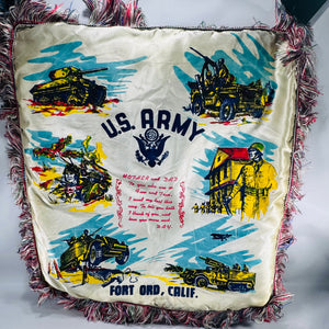 Vintage U.S. Army Fort Ord Calif souvenir satin sweetheart pillow cover with multicolor fringe and military scene graphics, “U.S. ARMY” and “FORT ORD, CALIF.”