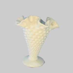 Vintage Fenton White Milk Glass Hobnail Trumpet Vase, Ruffled Rim Pedestal Vase, 6 Inch Mid Century Cottage Decor