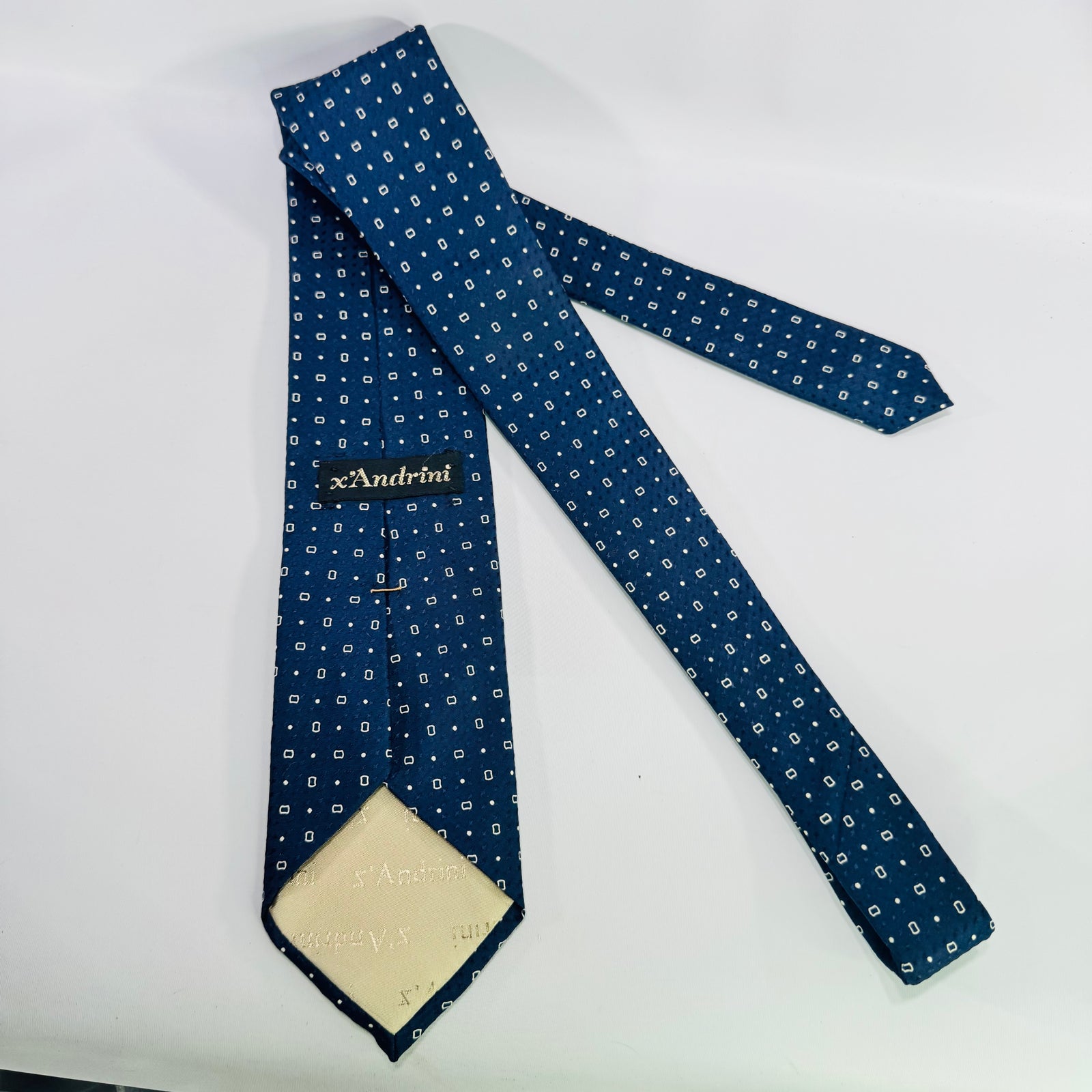 Vintage X’Andrini Blue Silk Tie 1960s 1970s Geometric Print Italian Designer Necktie 55 Inch Menswear