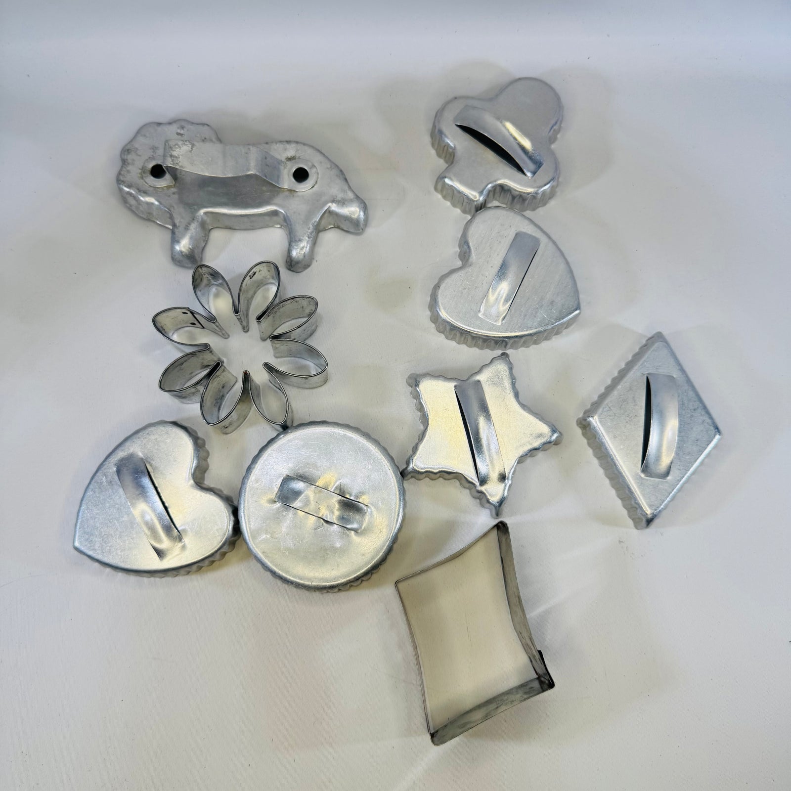 Vintage Aluminum Cookie Cutter Lot 9 Metal Baking Cutters Lion Heart Star Flower Kitchen Decor Bundle