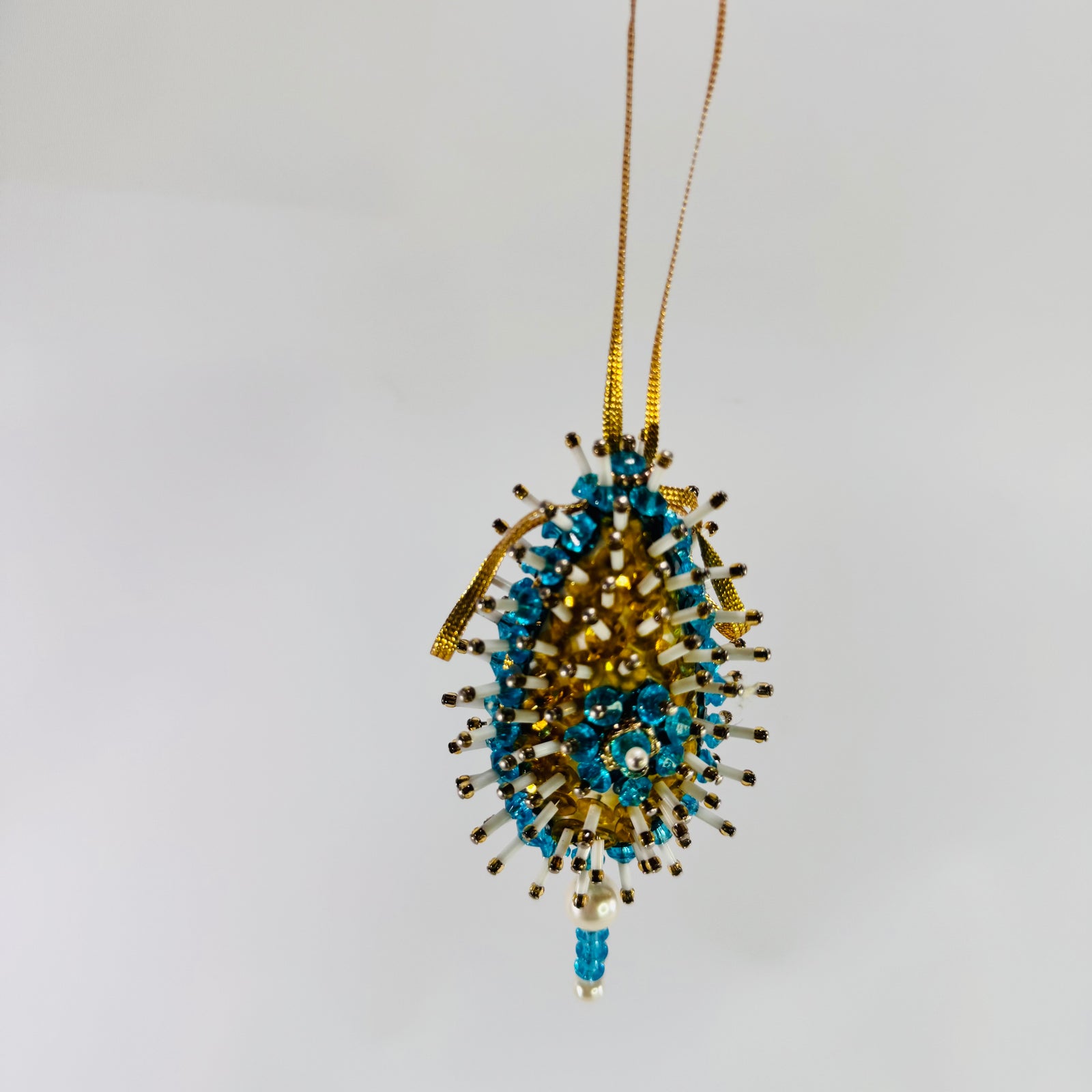 Vintage Beaded Sequin Christmas Ornament 1960s Push Pin Sputnik Starburst Blue Gold Egg Ornament