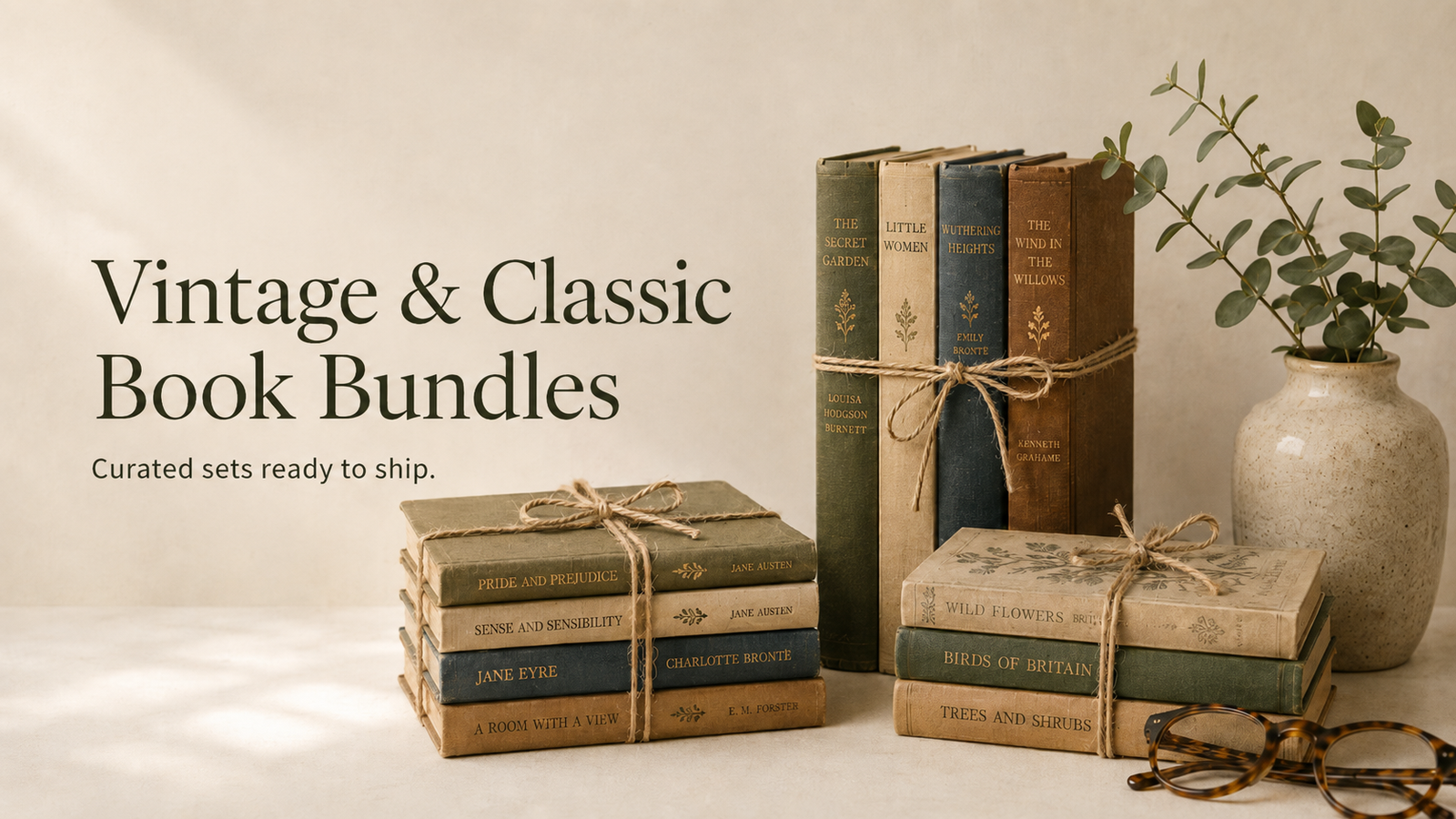 Vintage book bundles and cozy ambiance ready to ship