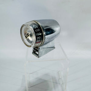 Vintage chrome Oldsmobile outside door thermometer gauge with black dial and clear lens, drum-style accessory part.