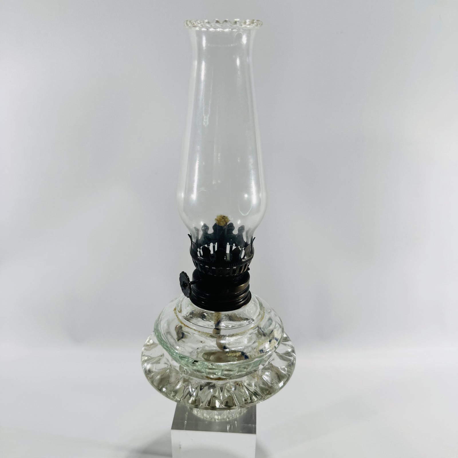 Vintage Clear Glass Finger Oil Lamp with Pie Crust Chimney, Pressed Glass Base, Eagle Style Burner, Mini Hurricane Kerosene Lamp