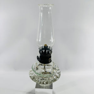 Vintage Clear Glass Finger Oil Lamp with Pie Crust Chimney, Pressed Glass Base, Eagle Style Burner, Mini Hurricane Kerosene Lamp