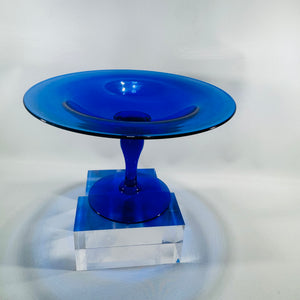 Vintage Cobalt Blue Glass Pedestal Tazza Bowl Empoli Style Italian Art Glass Centerpiece