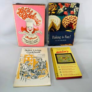 Vintage cookbook bundle of four books including Let’s Celebrate (pink DJ), Ann Pillsbury baking basics, Prevention’s Better Living Cookbook, and Heloise’s Housekeeping Hints paperback.
