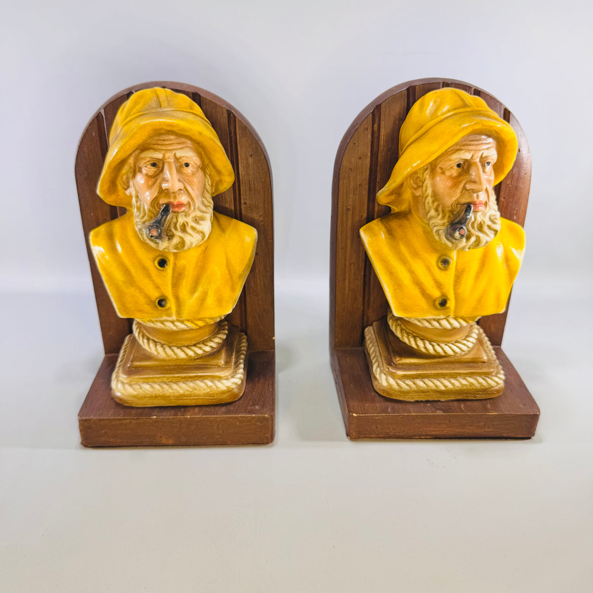 Vintage Fisherman Bookends Pair Old Salt Sea Captain Chalkware Yellow Raincoat Nautical Decor Bundle