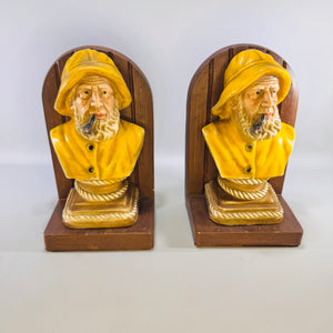 Vintage Fisherman Bookends Pair Old Salt Sea Captain Chalkware Yellow Raincoat Nautical Decor Bundle