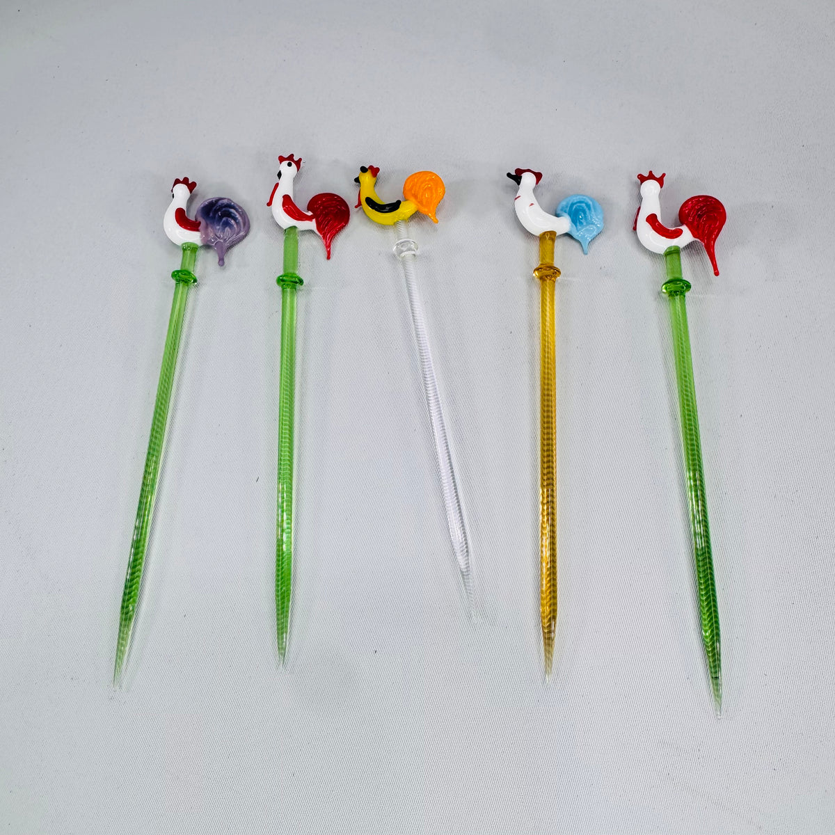Vintage Glass Rooster Swizzle Sticks Bundle Murano Style Cocktail Stirrers Set of 5