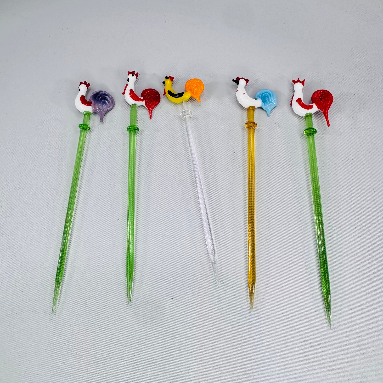 Vintage Glass Rooster Swizzle Sticks Bundle Murano Style Cocktail Stirrers Set of 5