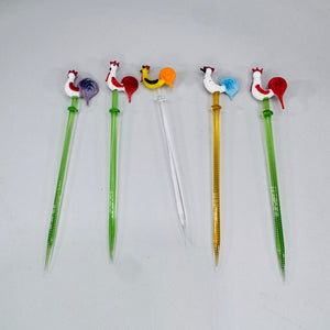 Vintage Glass Rooster Swizzle Sticks Bundle Murano Style Cocktail Stirrers Set of 5