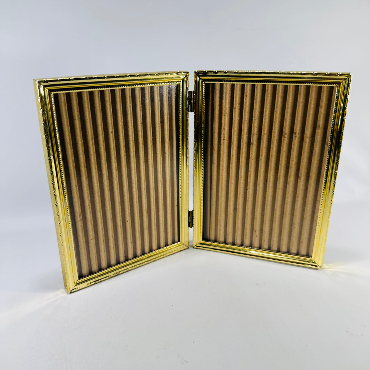 Vintage Gold Tone Double Picture Frame Hinged 5x7 Bifold Ornate Metal Tabletop Frame