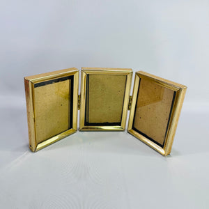 Vintage Gold Tone Tri Fold Picture Frame Triple Hinged Desktop Photo Display 2.5 x 3.5 Inch Folding Frame