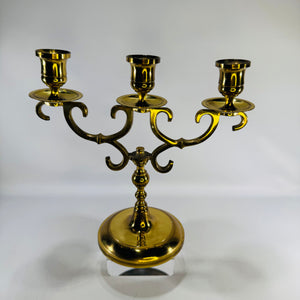 Vintage Brass Tone Three Arm Candelabra 9 Inch Ornate Scroll Taper Candle Holder