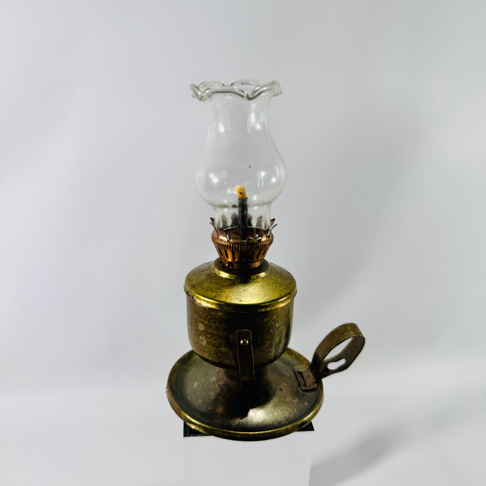 Vintage Miniature Brass Finger Oil Lamp Hong Kong Gimbaled Nautical Lamp with Glass Chimney