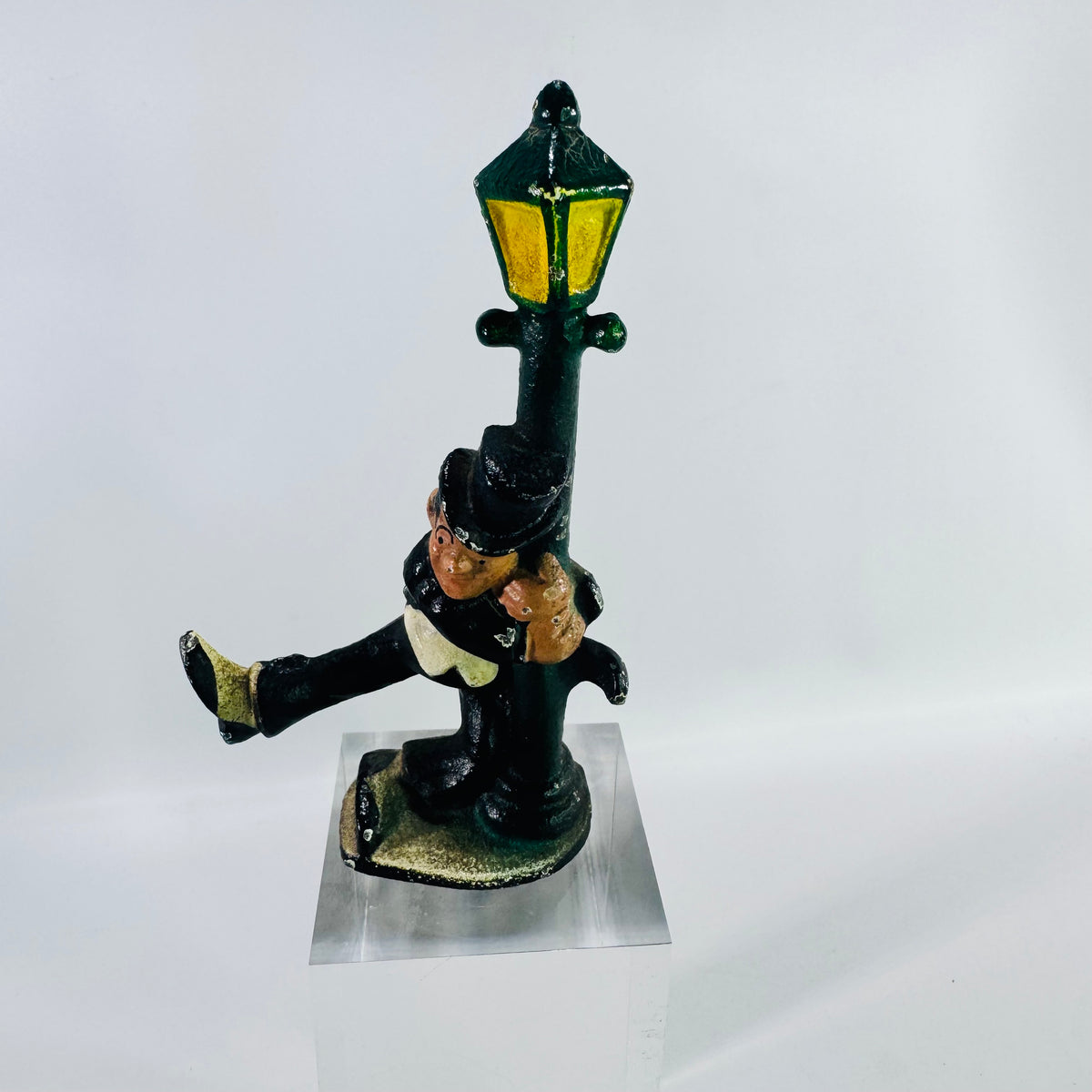 Vintage Cast Iron Drunk Man Bottle Opener Lamp Post Figurine Hand Painted Mid Century Novelty Barware