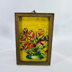 Vintage Reverse Glass Tinsel Painting Tulip Bouquet Folk Art Wall Hanging Carved Wood Frame 6x4