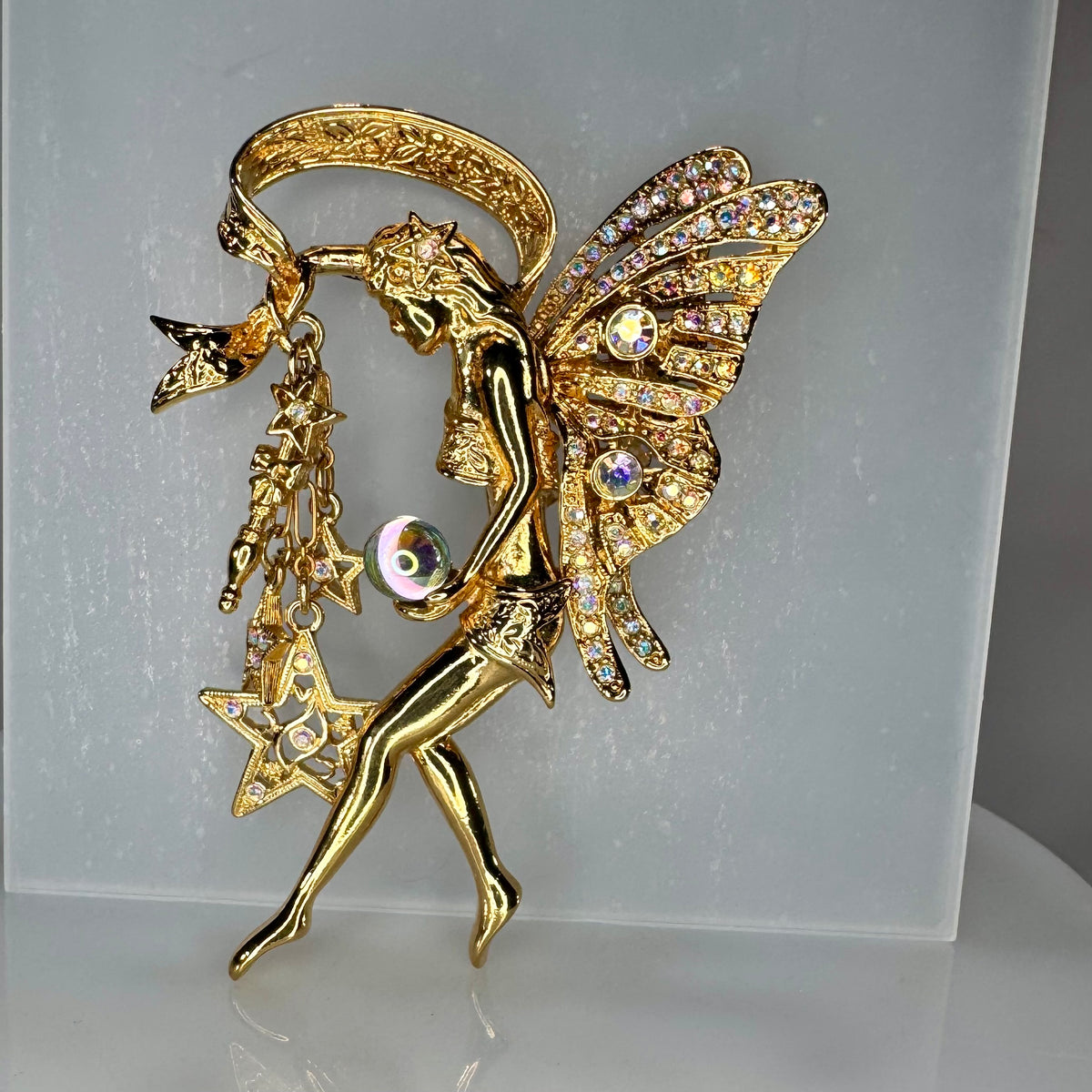 Signed Kirk’s Folly Fairy Godmother Brooch Pin (AB Rhinestones + Crystal Ball)