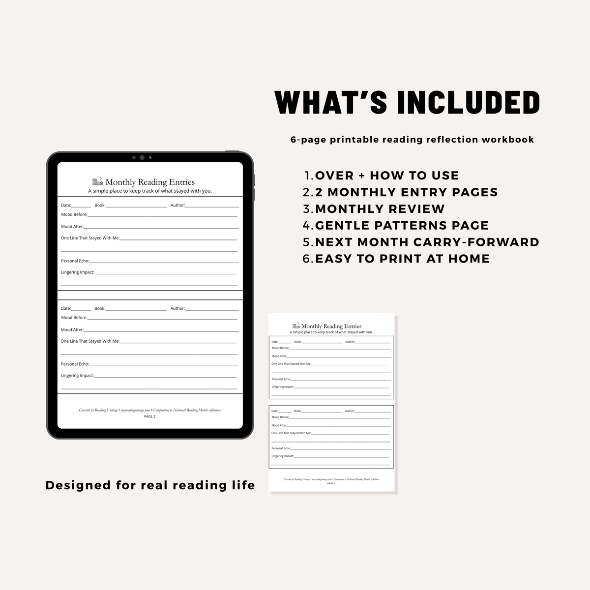 Monthly Reading & Reflection Tracker Printable | 6-Page Reading Journal PDF