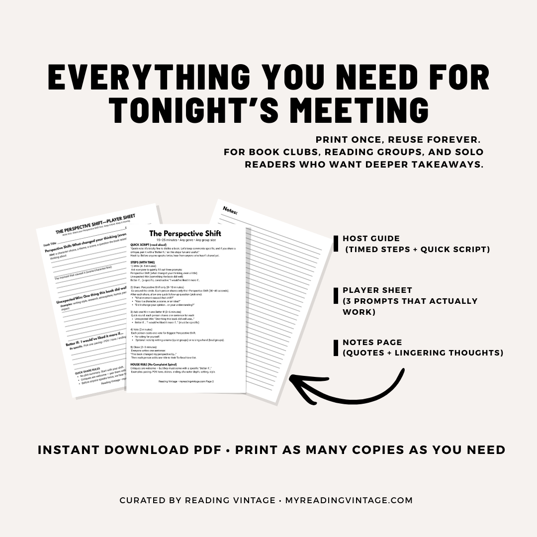 Printable PDF book club discussion game The Perspective Shift Draft host guide player sheet vote and wrap-up pages