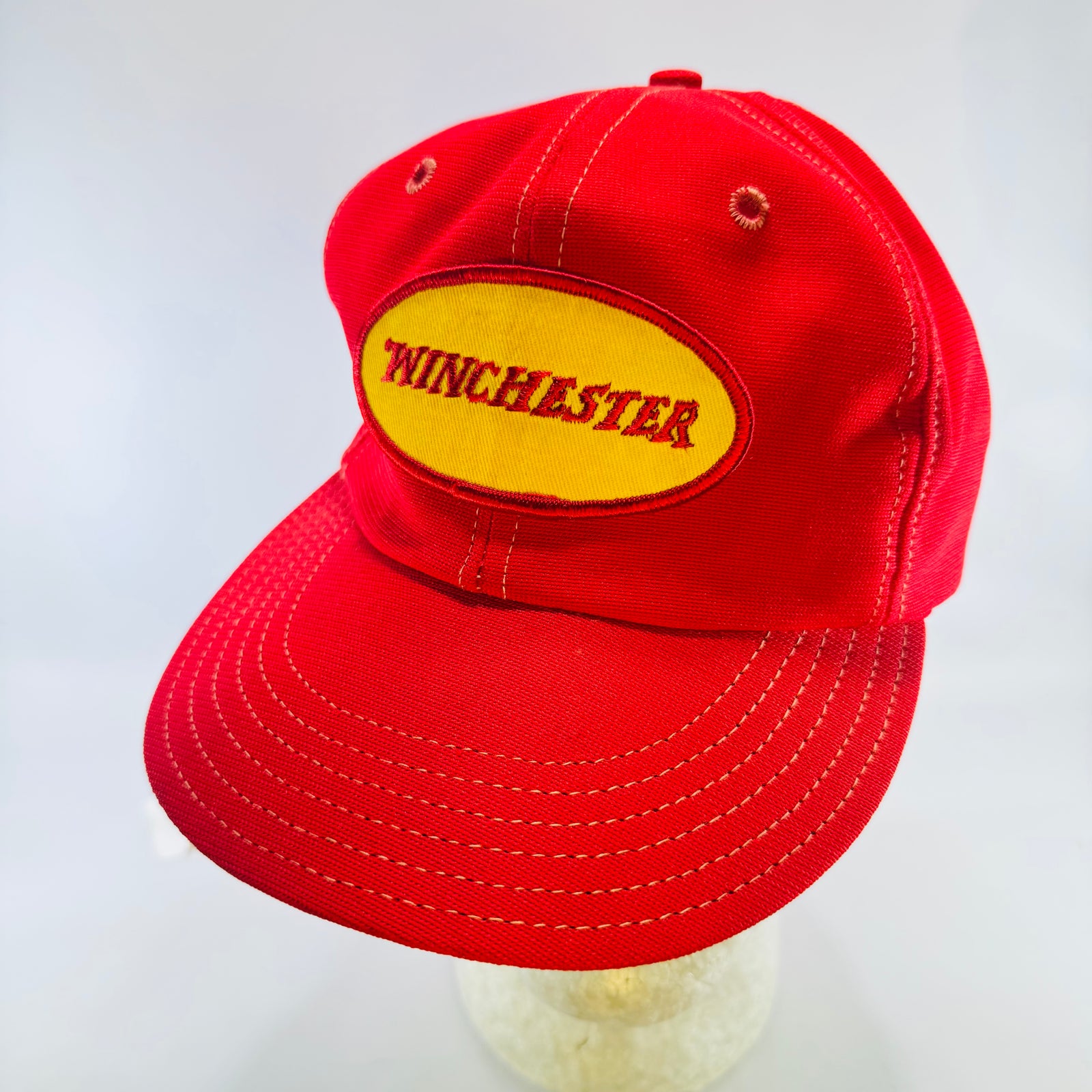 Winchester Firearms Advertising Hat 1970s 1980s Red Snapback Yellow Oval Patch Size A Just