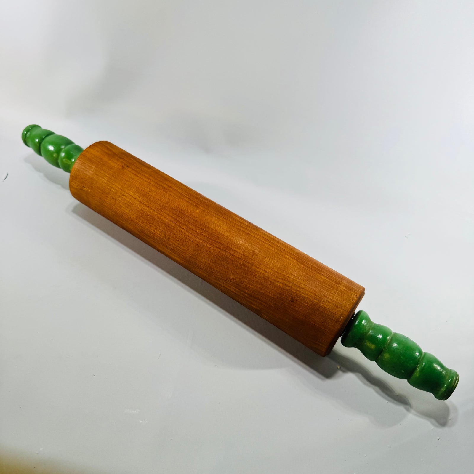 Green Handle Wooden Rolling Pin 1930s to 1950s Munising Style Hardwood Farmhouse Kitchen Baking Tool