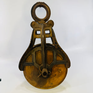 Cast Iron Barn Pulley with 5 Inch Wood Sheave Early 1900s Farm Equipment