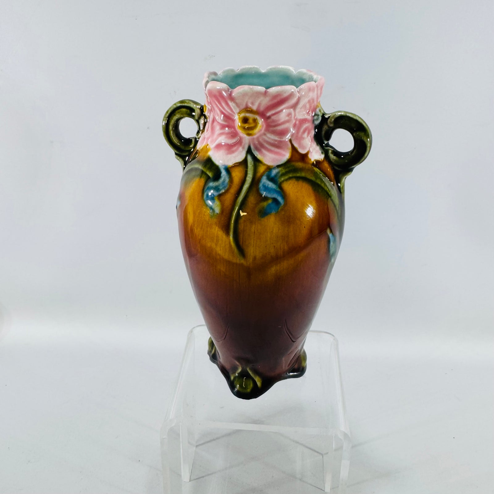 Art Nouveau French Majolica Floral Vase | Barbotine Style Ceramic