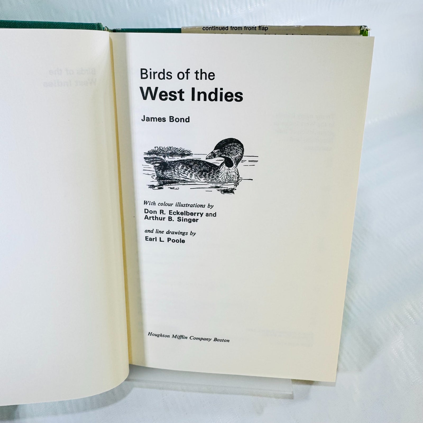 Title page of Birds of the West Indies by James Bond, showing a duck drawing, illustrator credits, and Houghton Mifflin Company, Boston.