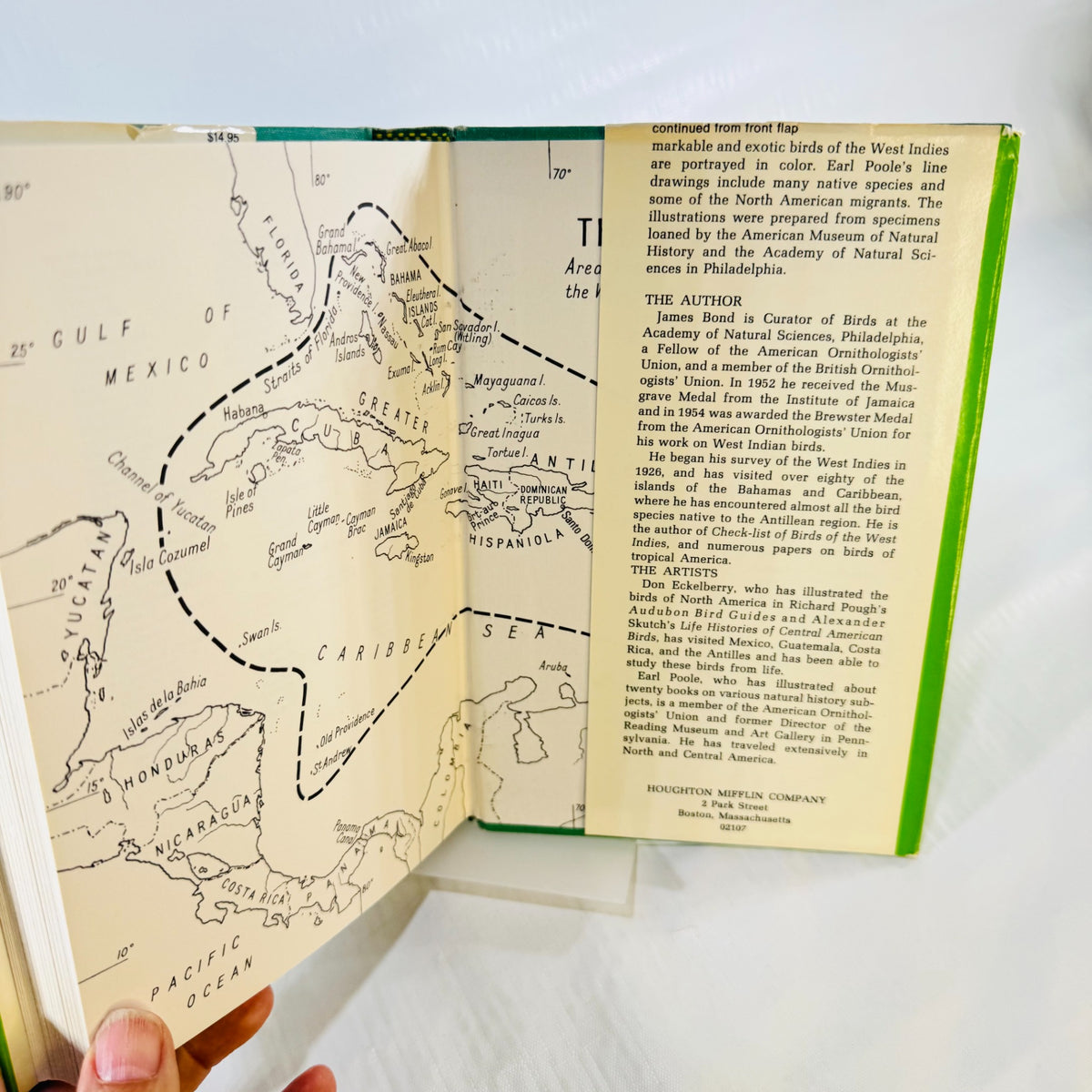 Caribbean and West Indies map in Birds of the West Indies beside the rear dust jacket flap with James Bond's biography and artist information.
